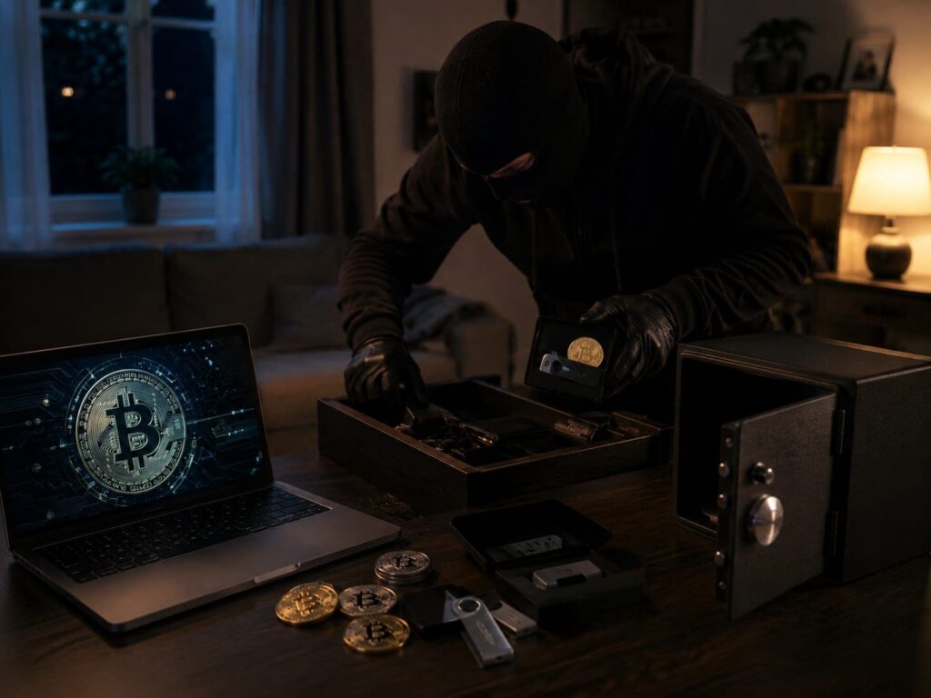 Hombre vestido de blanco robando una moneda de bitcoin en una casa