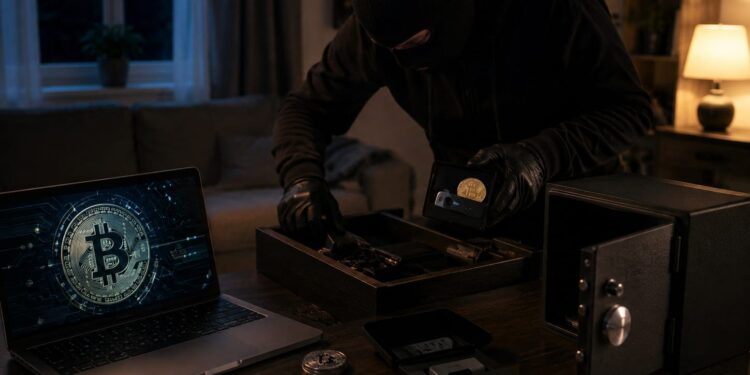 Hombre vestido de blanco robando una moneda de bitcoin en una casa