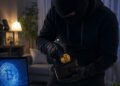 Hombre vestido de blanco robando una moneda de bitcoin en una casa