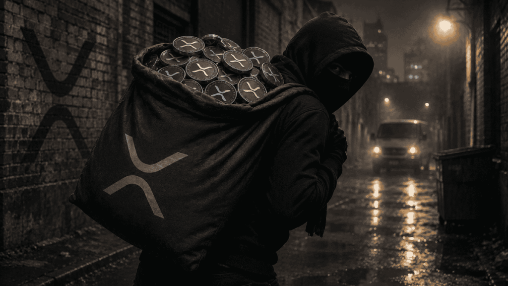 Ladrón llevando una mochila llena de monedas físicas de XRP.
