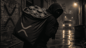 Ladrón llevando una mochila llena de monedas físicas de XRP.
