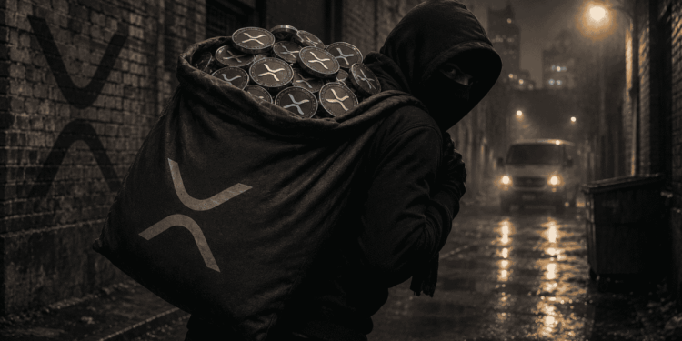 Ladrón llevando una mochila llena de monedas físicas de XRP.