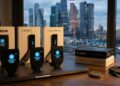 Varios monederos de hardware Trezor y Ledger colocados sobre un portátil.