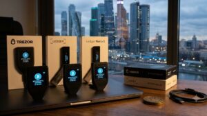 Varios monederos de hardware Trezor y Ledger colocados sobre un portátil.