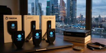 Varios monederos de hardware Trezor y Ledger colocados sobre un portátil.