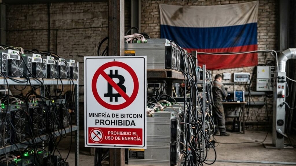 Mineros de bitcoin con el símbolo de prohibido y de fondo la bandera de Rusia