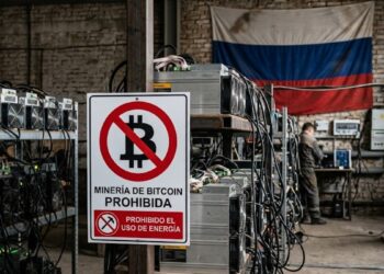 Mineros de bitcoin con el símbolo de prohibido y de fondo la bandera de Rusia
