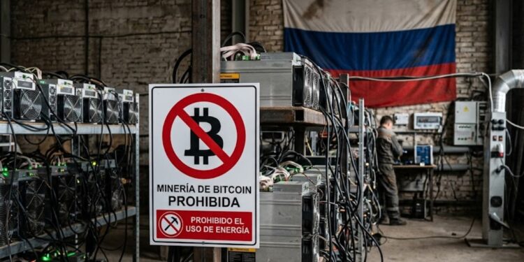 Mineros de bitcoin con el símbolo de prohibido y de fondo la bandera de Rusia