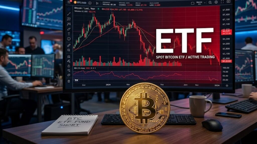 Moneda física de bitcoin dorada sobre una mesa con un monitor que muestra gráficas rojas en el fondo y la palabra ETF.