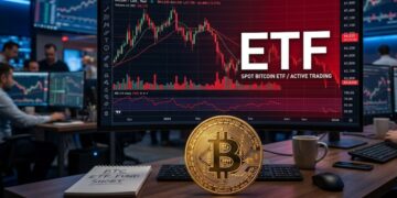 Moneda física de bitcoin dorada sobre una mesa con un monitor que muestra gráficas rojas en el fondo y la palabra ETF.
