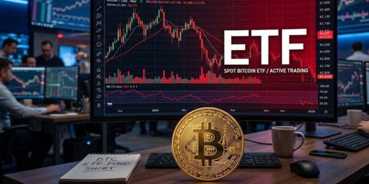 Moneda física de bitcoin dorada sobre una mesa con un monitor que muestra gráficas rojas en el fondo y la palabra ETF.