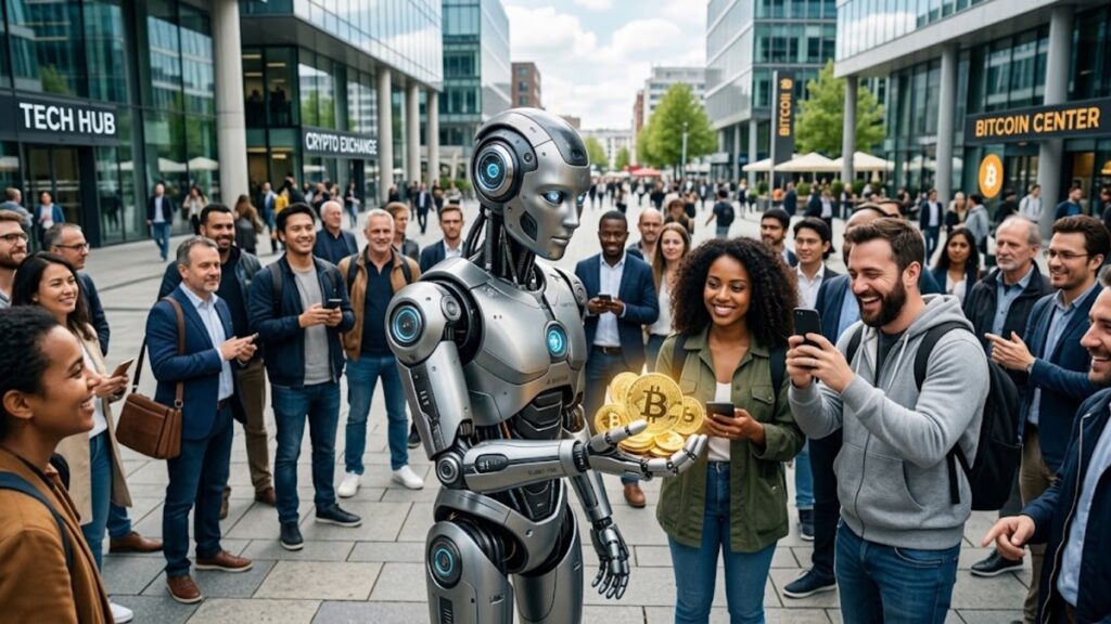 Robot de IA con bitcoins en la mano y humanos alrededor.