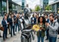 Robot de IA con bitcoins en la mano y humanos alrededor.