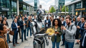 Robot de IA con bitcoins en la mano y humanos alrededor.
