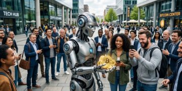 Robot de IA con bitcoins en la mano y humanos alrededor.