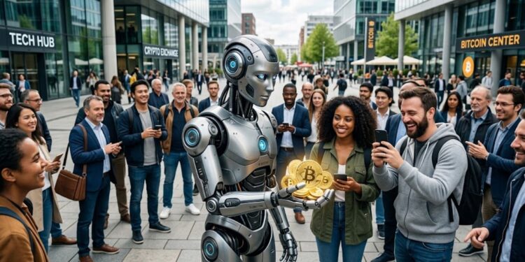 Robot de IA con bitcoins en la mano y humanos alrededor.