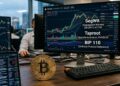 Bitcoin con gráficos de mercado mixtos en el fondo y con las palabras SegWit, Taproot y BIP 110.