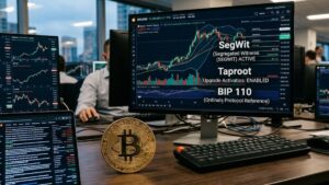 Bitcoin con gráficos de mercado mixtos en el fondo y con las palabras SegWit, Taproot y BIP 110.