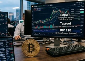 Bitcoin con gráficos de mercado mixtos en el fondo y con las palabras SegWit, Taproot y BIP 110.