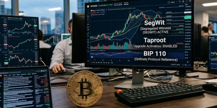 Bitcoin con gráficos de mercado mixtos en el fondo y con las palabras SegWit, Taproot y BIP 110.