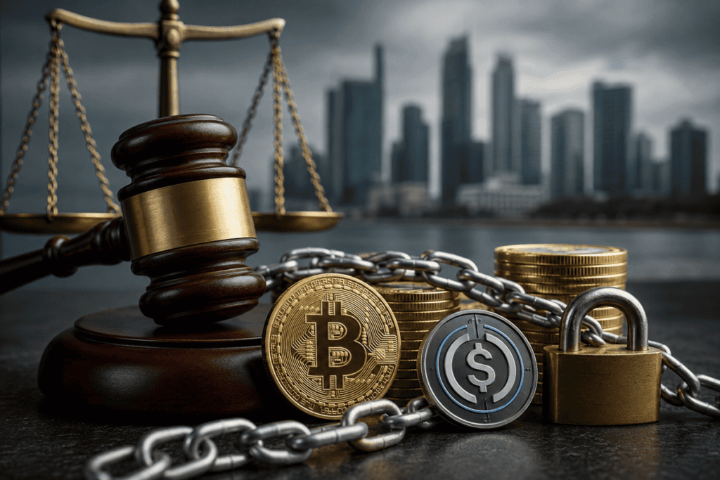 Un martillo judicial, Bitcoin y USDC bloqueados con una cadena y candado.