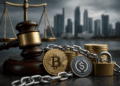 Un martillo judicial, Bitcoin y USDC bloqueados con una cadena y candado.