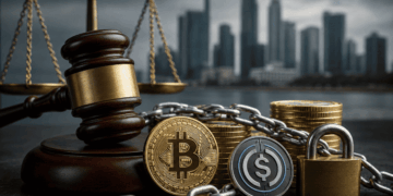 Un martillo judicial, Bitcoin y USDC bloqueados con una cadena y candado.