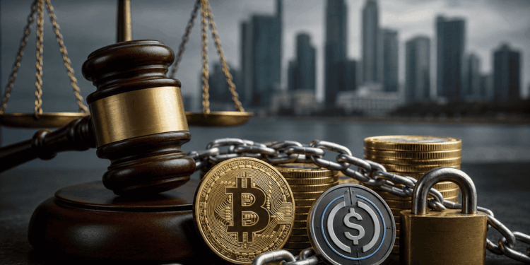 Un martillo judicial, Bitcoin y USDC bloqueados con una cadena y candado.