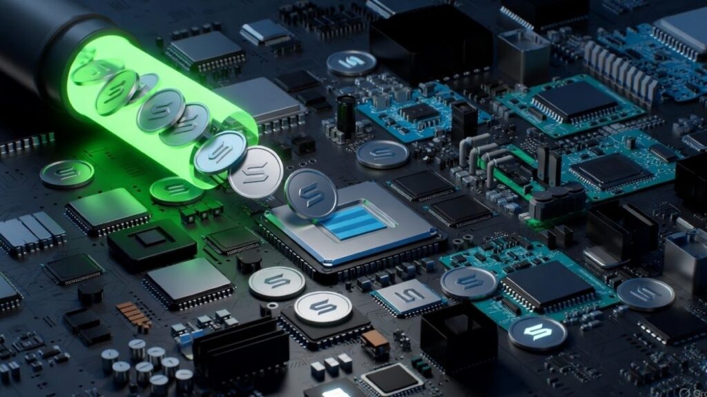 Monedas plateadas de Solana siendo emitidas por un tubo hacia el interior de una computadora.