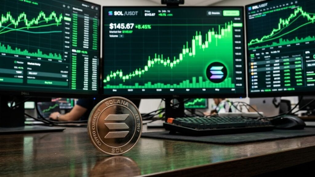 Moneda de Solana con gráficas verdes en el fondo.