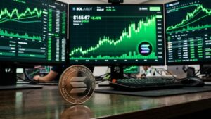Moneda de Solana con gráficas verdes en el fondo.