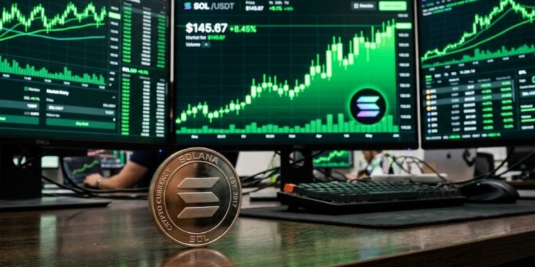 Moneda de Solana con gráficas verdes en el fondo.