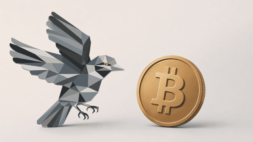 Logo de Sparrow y moneda de bitcoin.