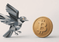 Logo de Sparrow y moneda de bitcoin.