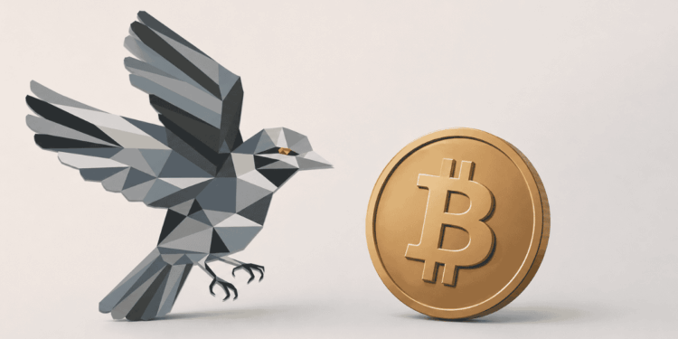 Logo de Sparrow y moneda de bitcoin.