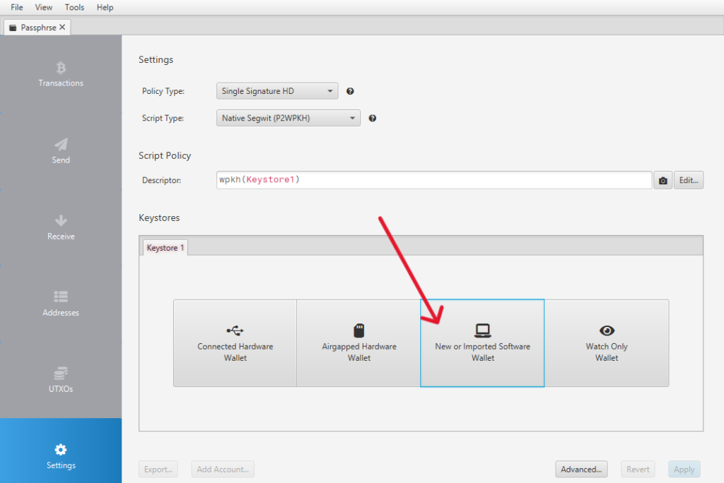 Interfaz de inicio de Sparrow Wallet.