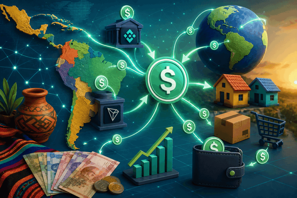Ilustración de un mapa de América Latina conectado mediante stablecoins, wallets digitales y redes
