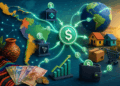 Ilustración de un mapa de América Latina conectado mediante stablecoins, wallets digitales y redes