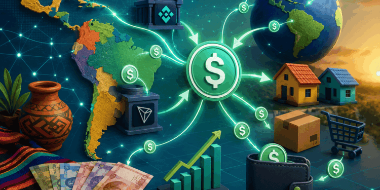 Ilustración de un mapa de América Latina conectado mediante stablecoins, wallets digitales y redes