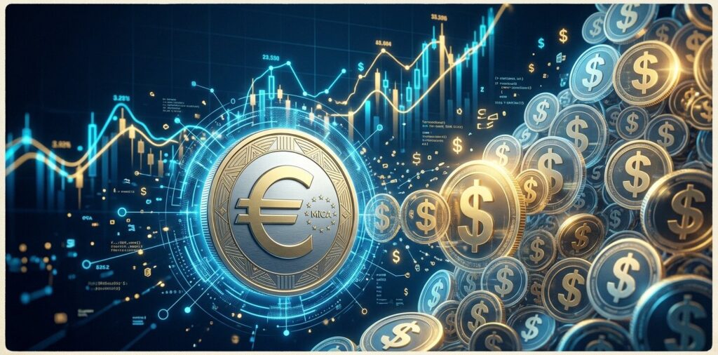 Ilustración editorial en 3D con estética financiera futurista en tonos azul y dorado. En primer plano destaca una moneda metálica con el símbolo del euro (€) rodeada de redes digitales, contrapuesta a una imponente acumulación de tokens con el símbolo del dólar ($), con gráficos y nodos de datos financieros de fondo que representan la diferencia de volumen entre ambas divisas.