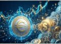 Ilustración editorial en 3D con estética financiera futurista en tonos azul y dorado. En primer plano destaca una moneda metálica con el símbolo del euro (€) rodeada de redes digitales, contrapuesta a una imponente acumulación de tokens con el símbolo del dólar ($), con gráficos y nodos de datos financieros de fondo que representan la diferencia de volumen entre ambas divisas.