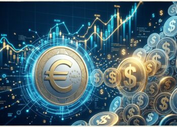 Ilustración editorial en 3D con estética financiera futurista en tonos azul y dorado. En primer plano destaca una moneda metálica con el símbolo del euro (€) rodeada de redes digitales, contrapuesta a una imponente acumulación de tokens con el símbolo del dólar ($), con gráficos y nodos de datos financieros de fondo que representan la diferencia de volumen entre ambas divisas.