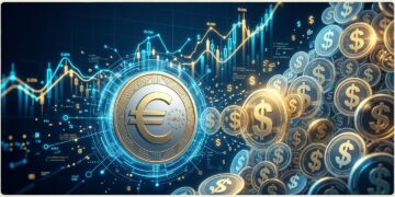 Ilustración editorial en 3D con estética financiera futurista en tonos azul y dorado. En primer plano destaca una moneda metálica con el símbolo del euro (€) rodeada de redes digitales, contrapuesta a una imponente acumulación de tokens con el símbolo del dólar ($), con gráficos y nodos de datos financieros de fondo que representan la diferencia de volumen entre ambas divisas.