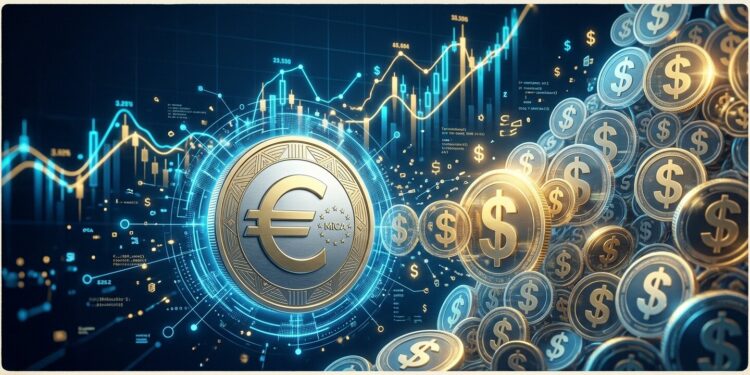 Ilustración editorial en 3D con estética financiera futurista en tonos azul y dorado. En primer plano destaca una moneda metálica con el símbolo del euro (€) rodeada de redes digitales, contrapuesta a una imponente acumulación de tokens con el símbolo del dólar ($), con gráficos y nodos de datos financieros de fondo que representan la diferencia de volumen entre ambas divisas.