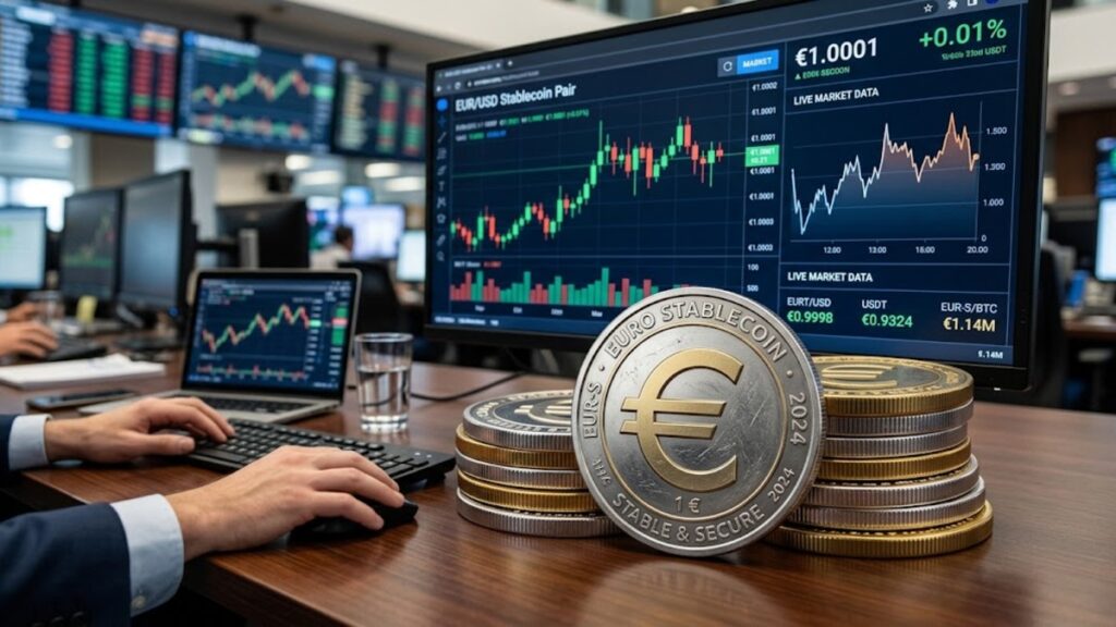 Stablecoins que tienen el logo del euro grabado, en un entorno monetario, con gráficas de mercado.