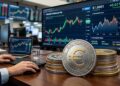 Stablecoins que tienen el logo del euro grabado, en un entorno monetario, con gráficas de mercado.
