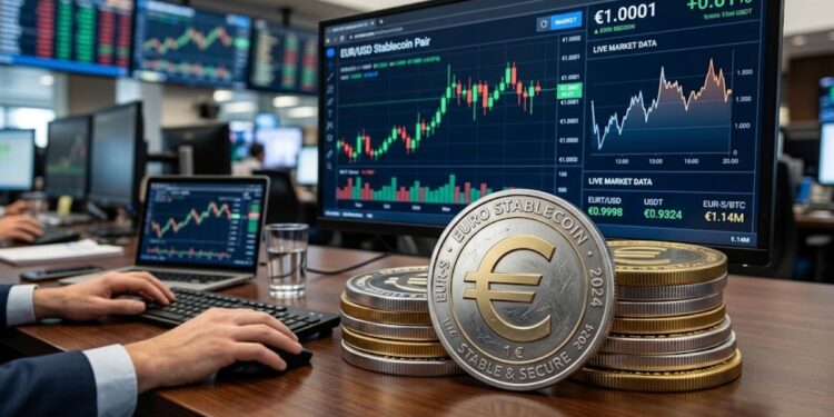 Stablecoins que tienen el logo del euro grabado, en un entorno monetario, con gráficas de mercado.