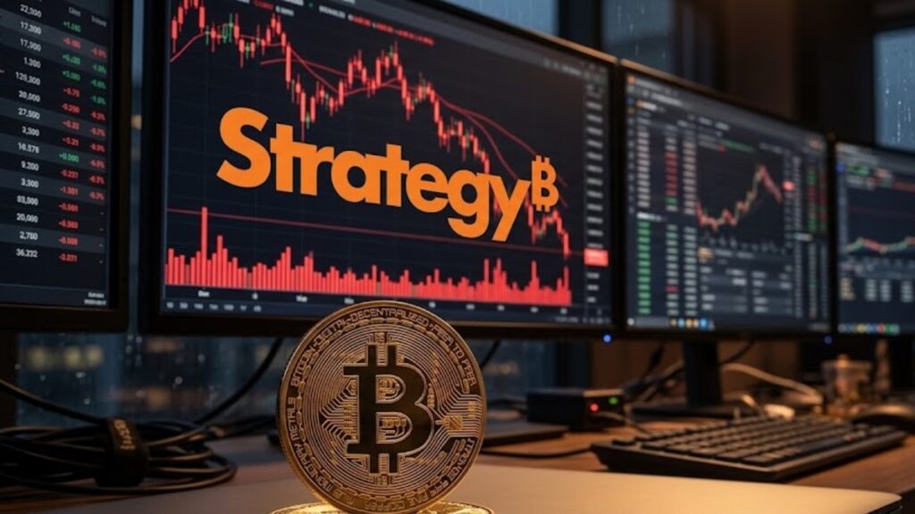 Moneda física de bitcoin con el logo de Strategy y gráficas de mercado rojas en el fondo.