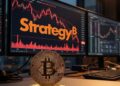 Moneda física de bitcoin con el logo de Strategy y gráficas de mercado rojas en el fondo.