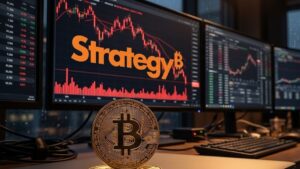 Moneda física de bitcoin con el logo de Strategy y gráficas de mercado rojas en el fondo.